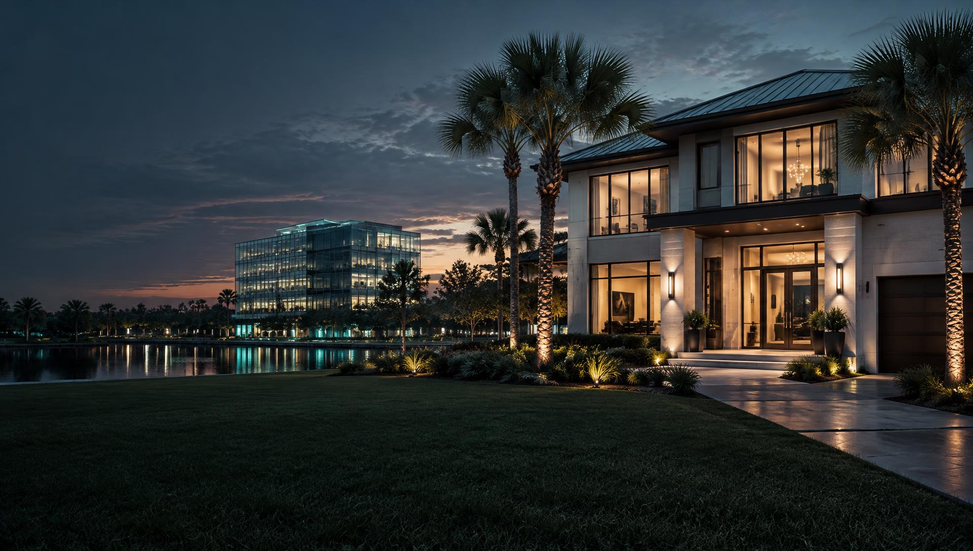 Modern South Carolina home with a commercial building in the background at dusk